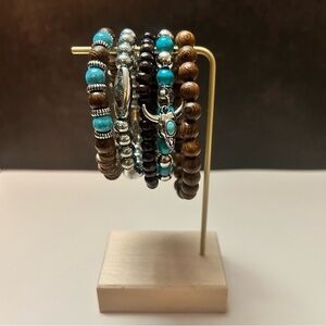 5 Piece Turquoise Brown Silver Beaded Bracelet Set